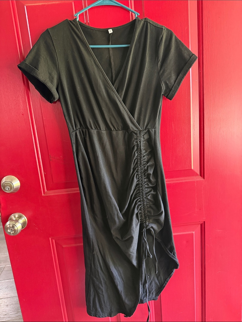 Black Short-Sleeve Wrap Dress with Side Ruching